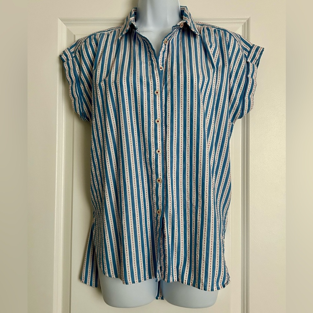 Loft Dolman Sleeve Button Down Striped Blue and White Women's Blouse Size Small